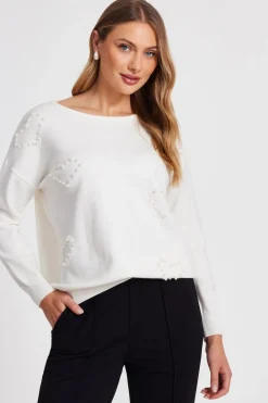 Quiz Knitwear|Jumpers>Cream Pearl Embellished Jumper