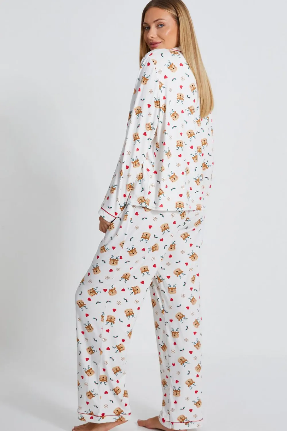 Quiz Nightwear>Cream Reindeer Print Long Pyjama Set