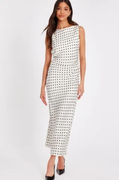 Quiz Day At The Races|Christening Guest>Cream Satin Polka Dot Midaxi Dress