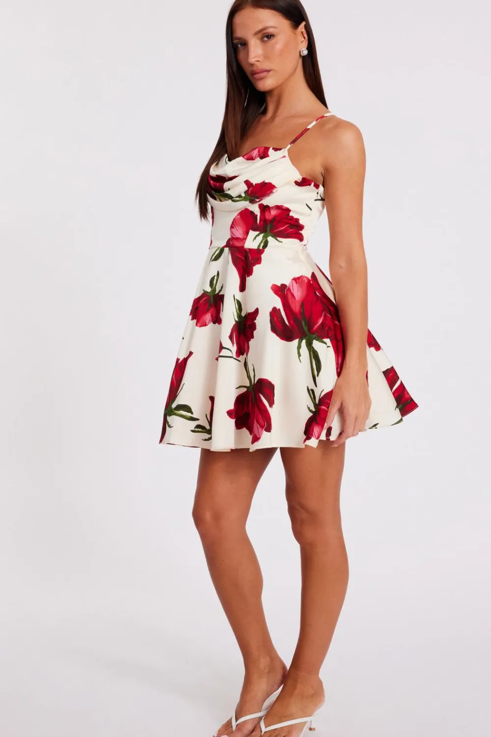 Quiz Day At The Races|Florals>Cream Satin Rose Print Mini Dress