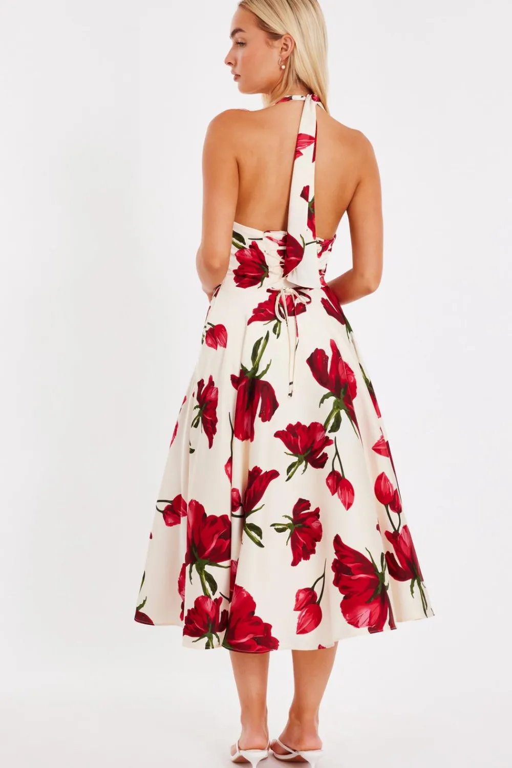 Quiz Day At The Races|Florals>Cream Satin Rose Print Midi Dress