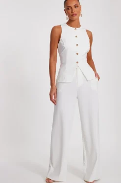 Quiz Workwear|Trousers>Cream Wide Leg Trousers