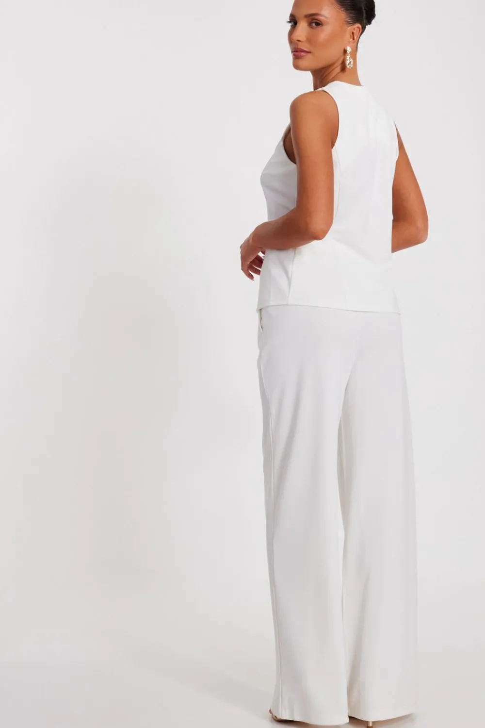 Quiz Workwear|Trousers>Cream Wide Leg Trousers