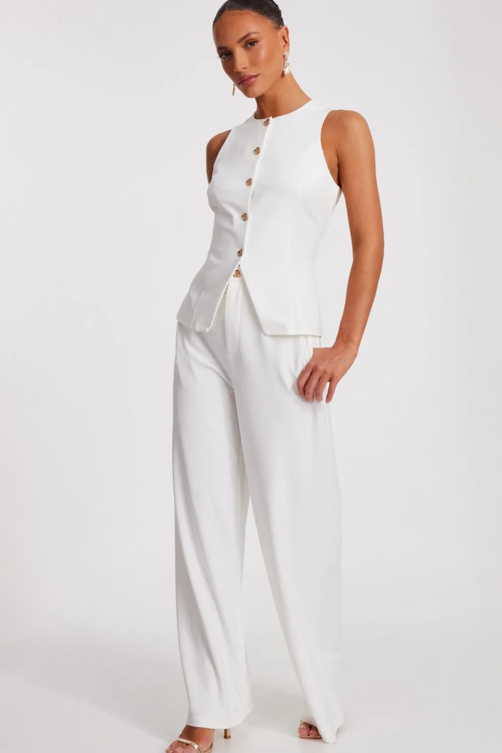Quiz Workwear|Trousers>Cream Wide Leg Trousers