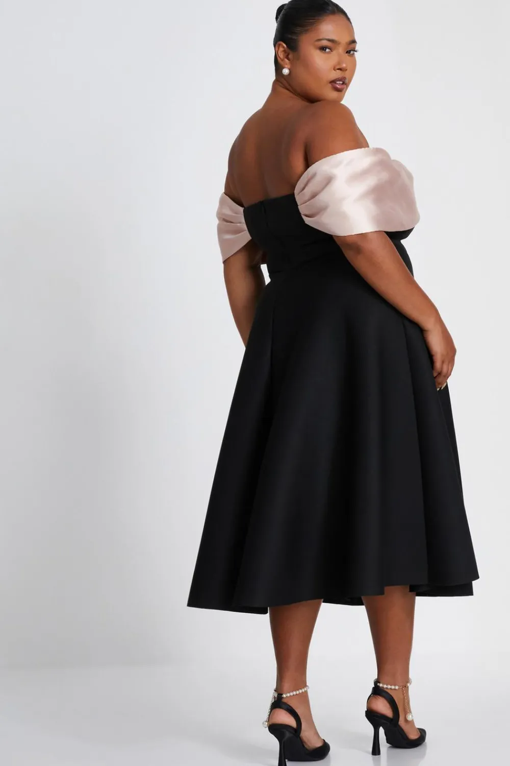 Quiz Evening Dresses|Wedding Guest Dresses>Curve Black Contrast Bardot Skater Midi Dress