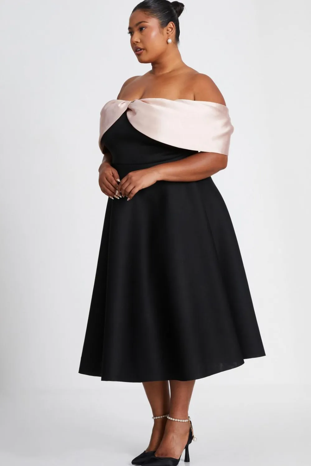 Quiz Evening Dresses|Wedding Guest Dresses>Curve Black Contrast Bardot Skater Midi Dress