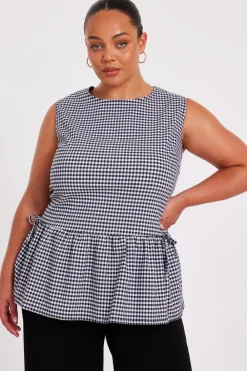 Quiz Summer Tops|Day Tops>Curve Black Gingham Peplum Top