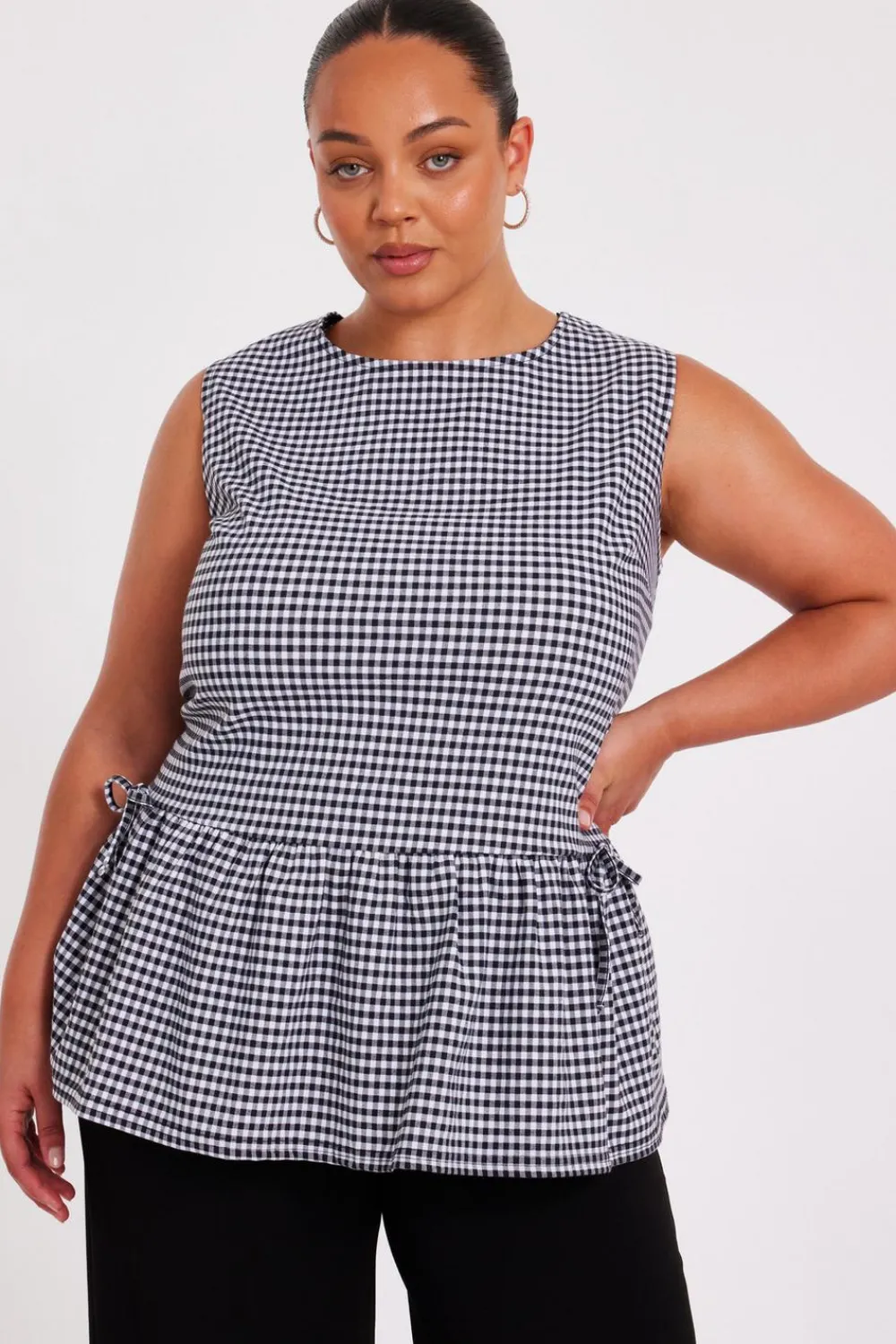 Quiz Summer Tops|Day Tops>Curve Black Gingham Peplum Top