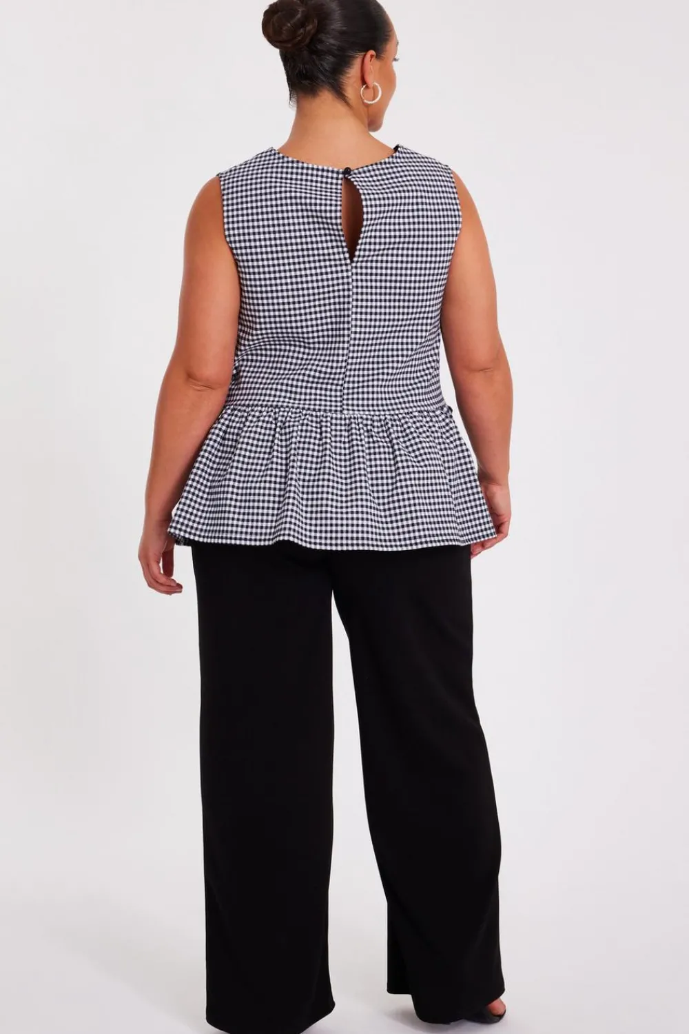 Quiz Summer Tops|Day Tops>Curve Black Gingham Peplum Top
