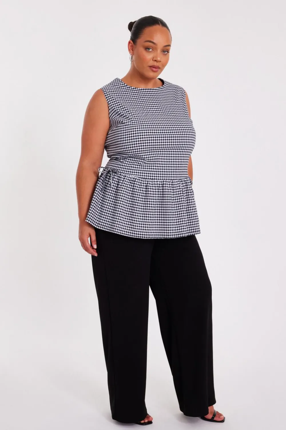 Quiz Summer Tops|Day Tops>Curve Black Gingham Peplum Top