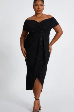 Quiz Evening Dresses|Wedding Guest Dresses>Curve Black Glitter Bardot Midi Dress