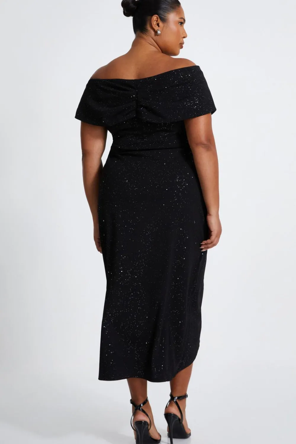 Quiz Evening Dresses|Wedding Guest Dresses>Curve Black Glitter Bardot Midi Dress