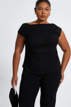 Quiz Going Out Tops|Day Tops>Curve Black Glitter Drape Neck Top