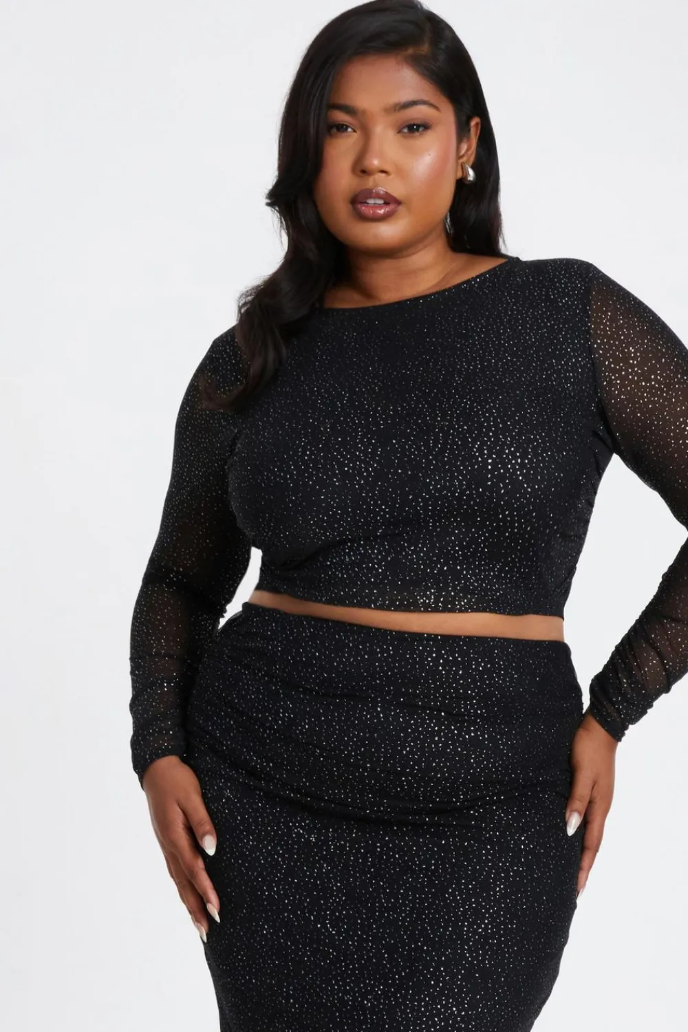 Quiz Going Out Tops|Crop Tops>Curve Glitter Mesh Long Sleeve Top
