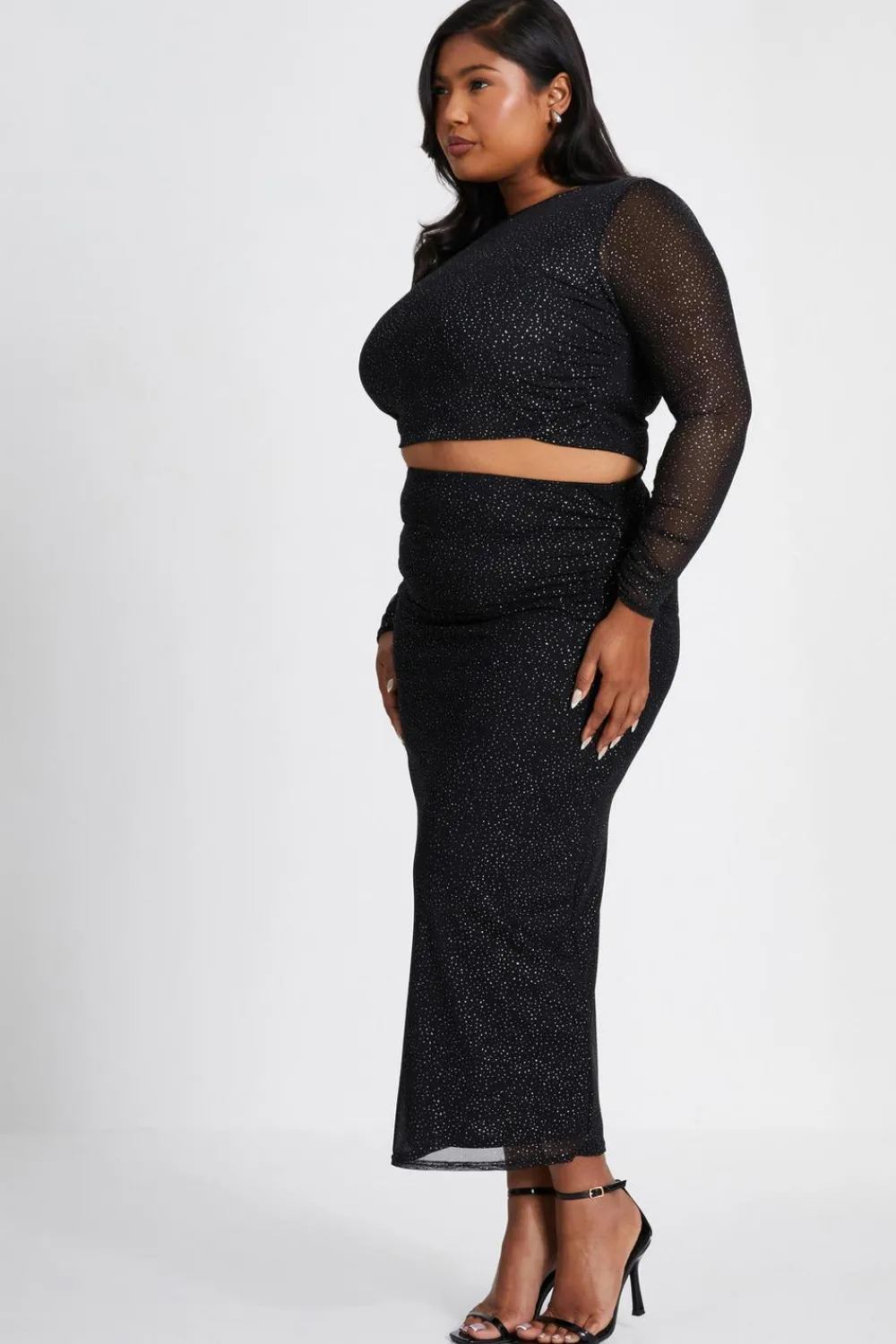 Quiz Going Out Tops|Crop Tops>Curve Glitter Mesh Long Sleeve Top