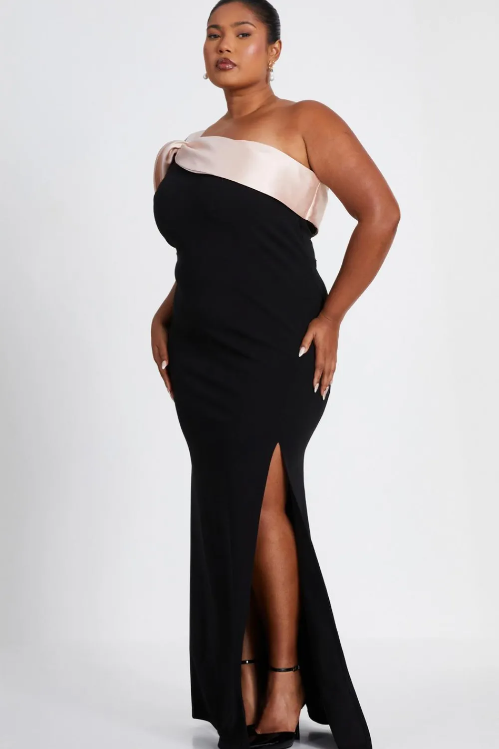 Quiz Prom Dresses|Occasion Dresses>Curve Black Satin Off the Shoulder Maxi Dress