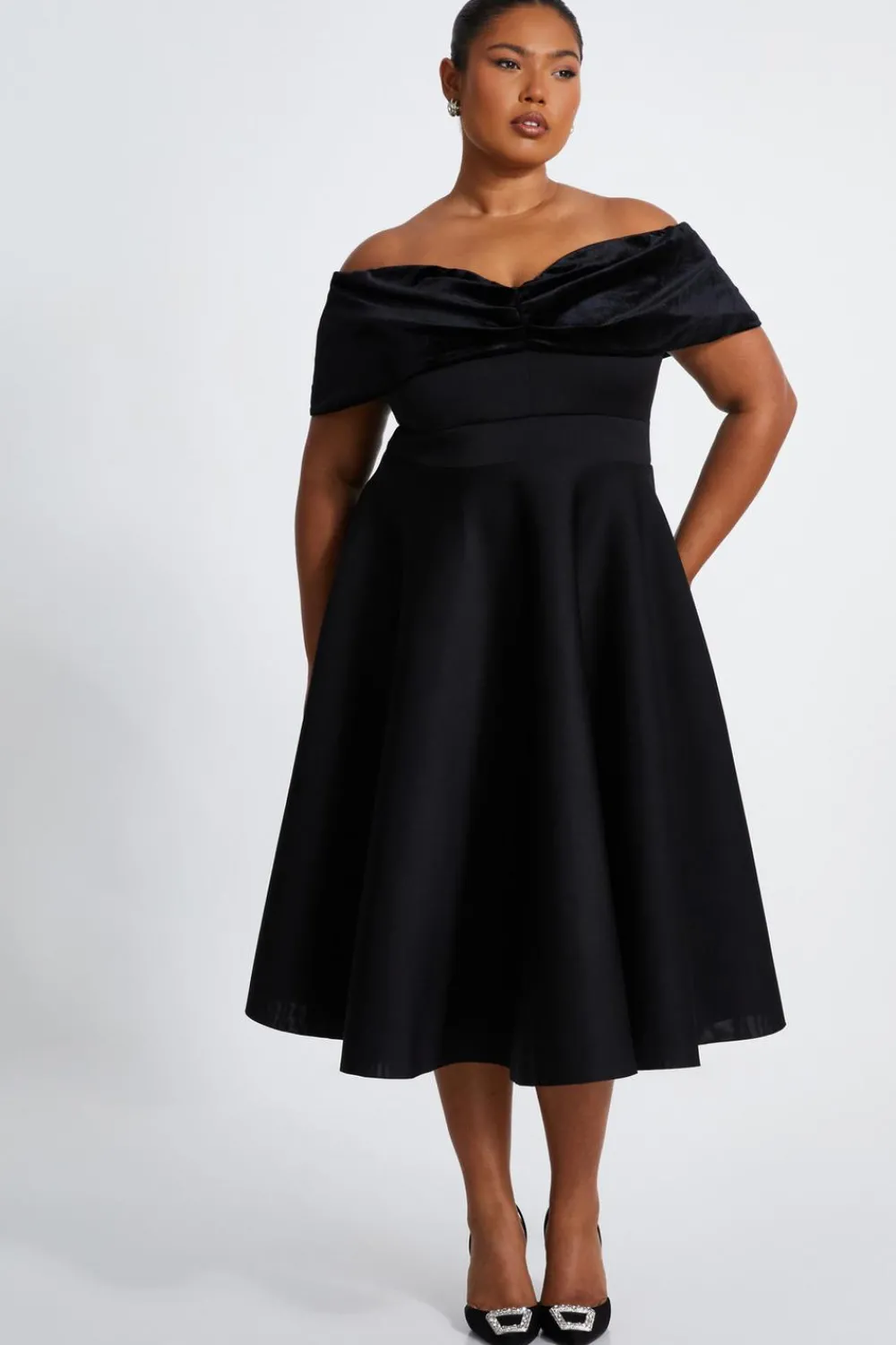Quiz Prom & Ball|Evening Dresses>Curve Black Velvet Bardot Skater Dress
