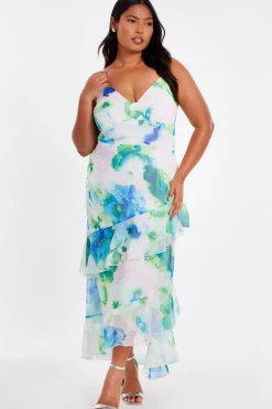 Quiz Day At The Races|Christening Guest>Curve Blue Floral Chiffon Midaxi Dress
