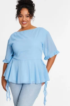 Quiz Summer Tops|Tops>Curve Blue Ruffle Peplum Top