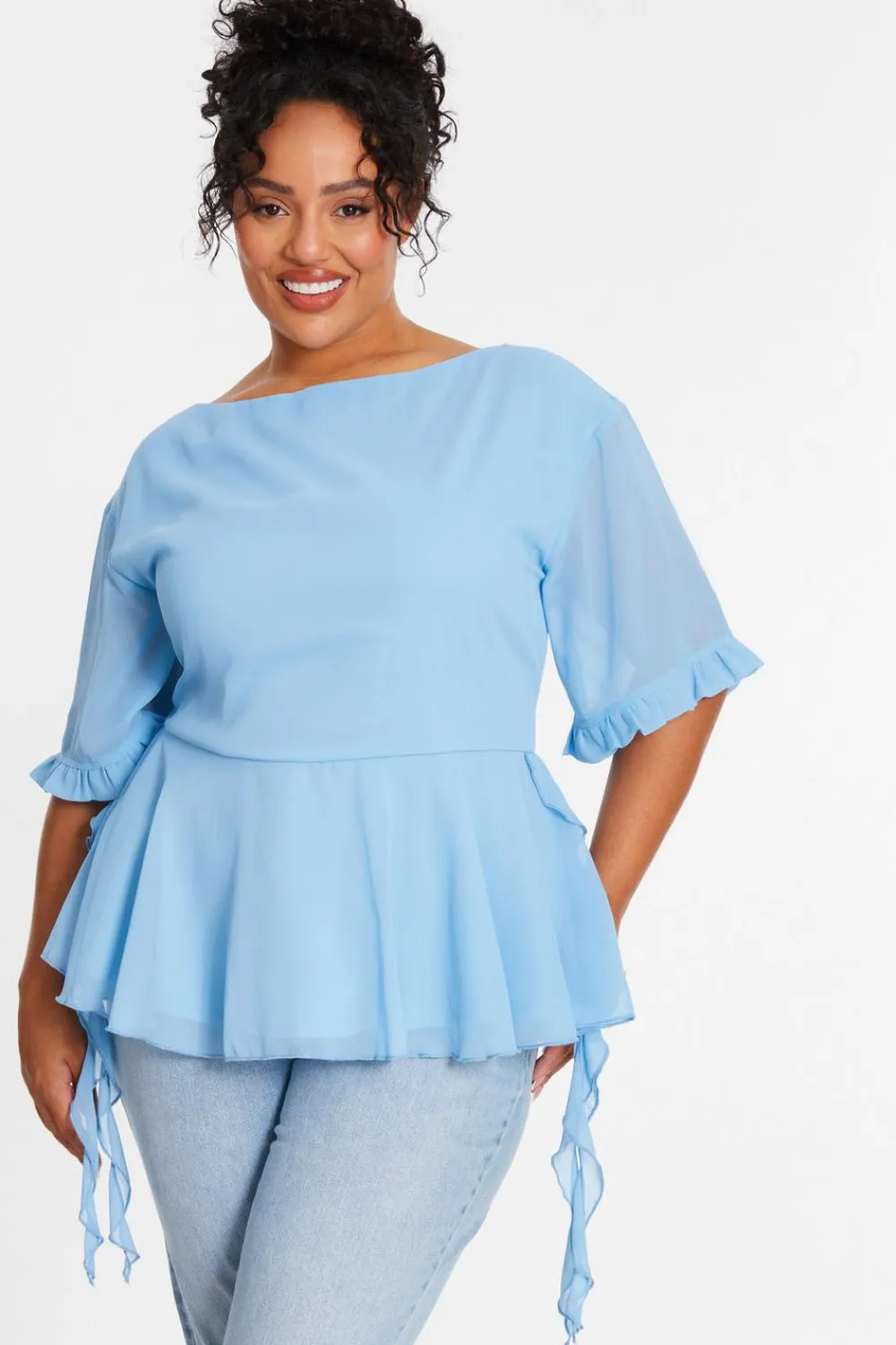 Quiz Summer Tops|Tops>Curve Blue Ruffle Peplum Top