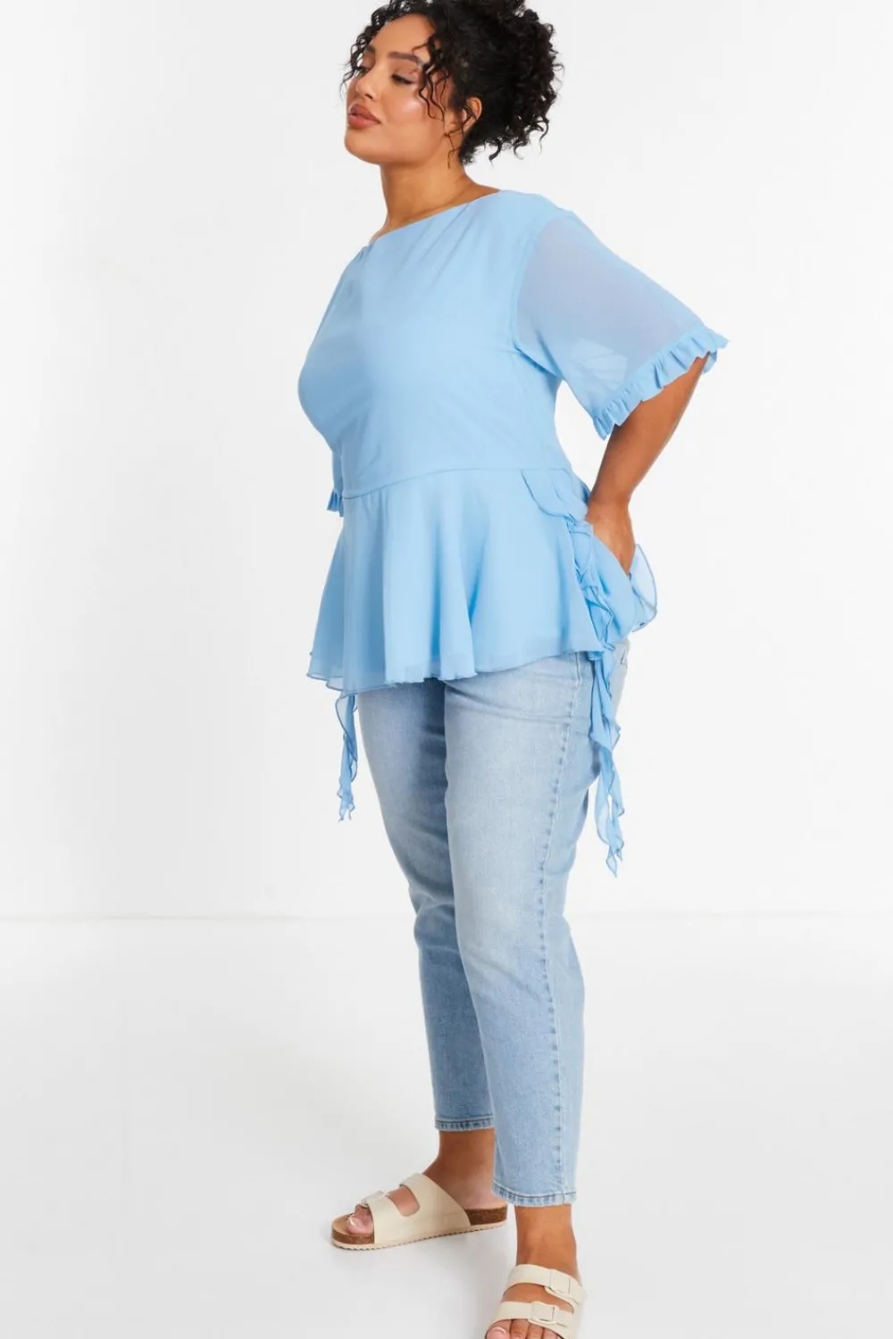 Quiz Summer Tops|Tops>Curve Blue Ruffle Peplum Top
