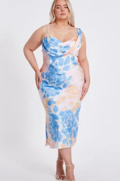 Quiz Day At The Races|Christening Guest>Curve Blue Satin Floral Midaxi Dress