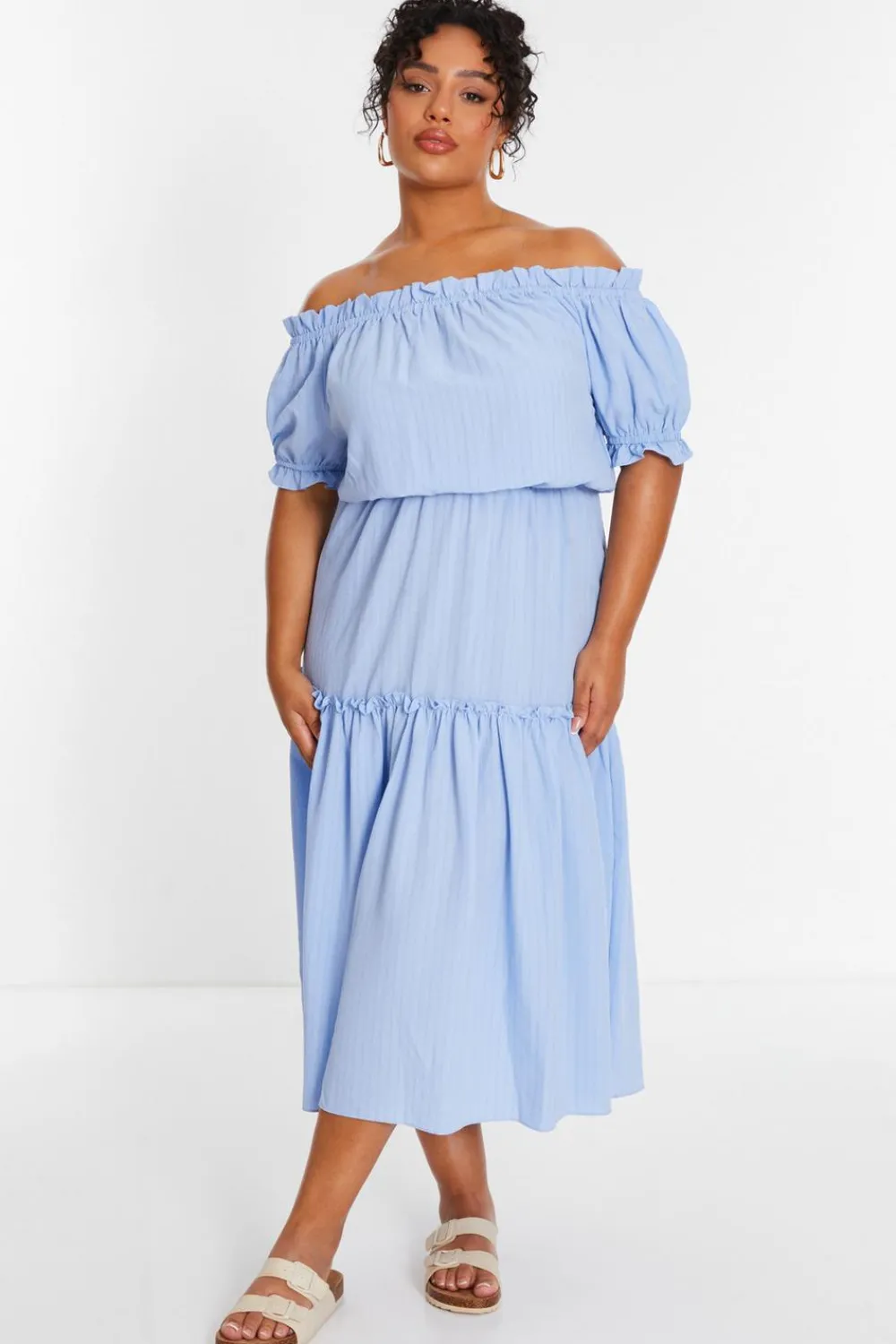 Quiz Summer Clothes|Holiday>Curve Blue Textured Bardot Midaxi Dress