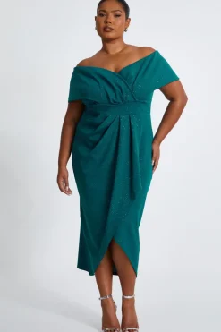 Quiz Evening Dresses|Wedding Guest Dresses>Curve Bottle Green Glitter Bardot Midi Dress