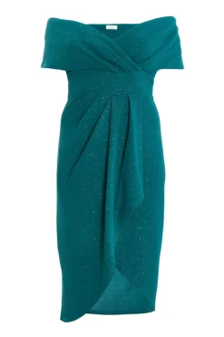 Quiz Evening Dresses|Wedding Guest Dresses>Curve Bottle Green Glitter Bardot Midi Dress