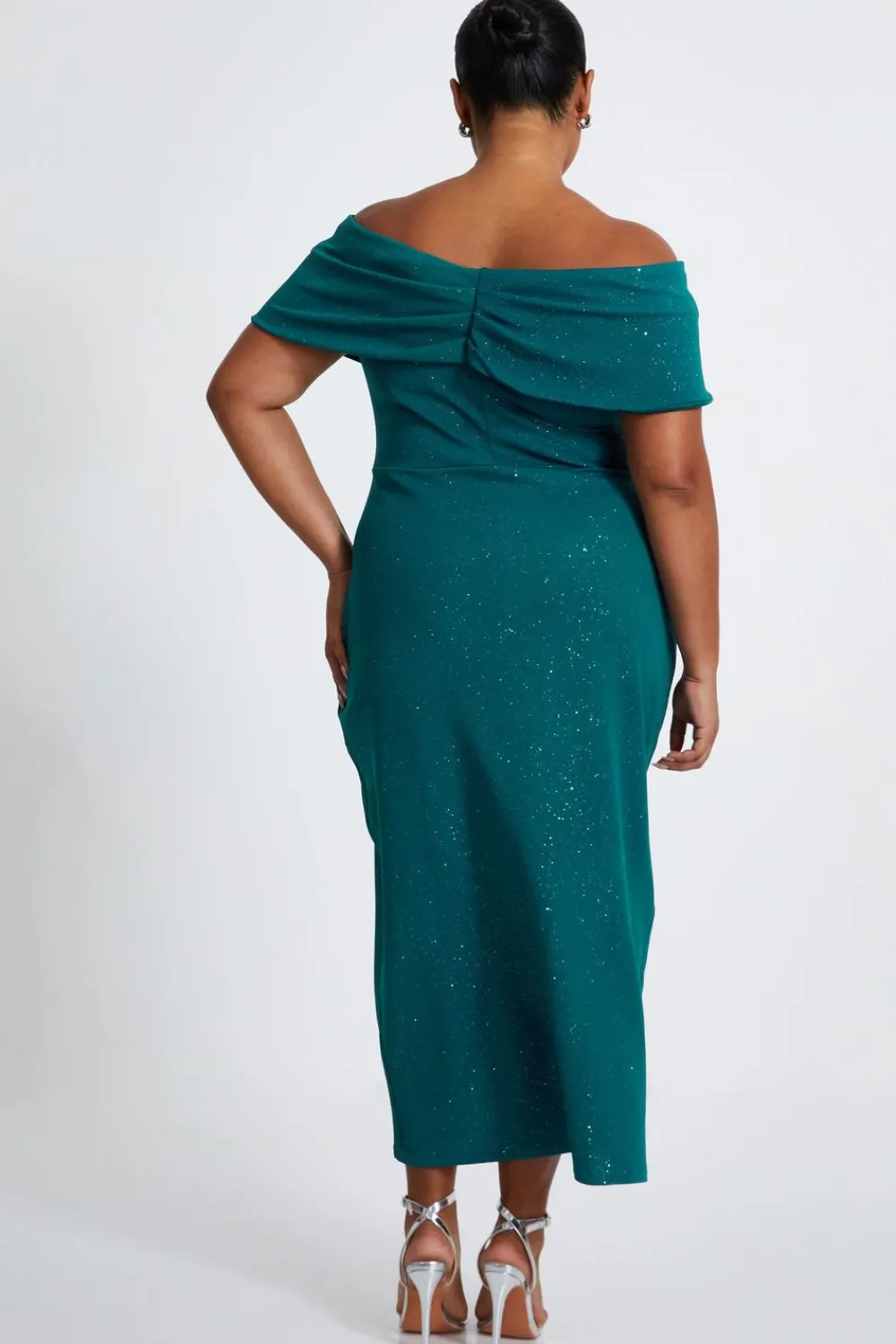 Quiz Evening Dresses|Wedding Guest Dresses>Curve Bottle Green Glitter Bardot Midi Dress