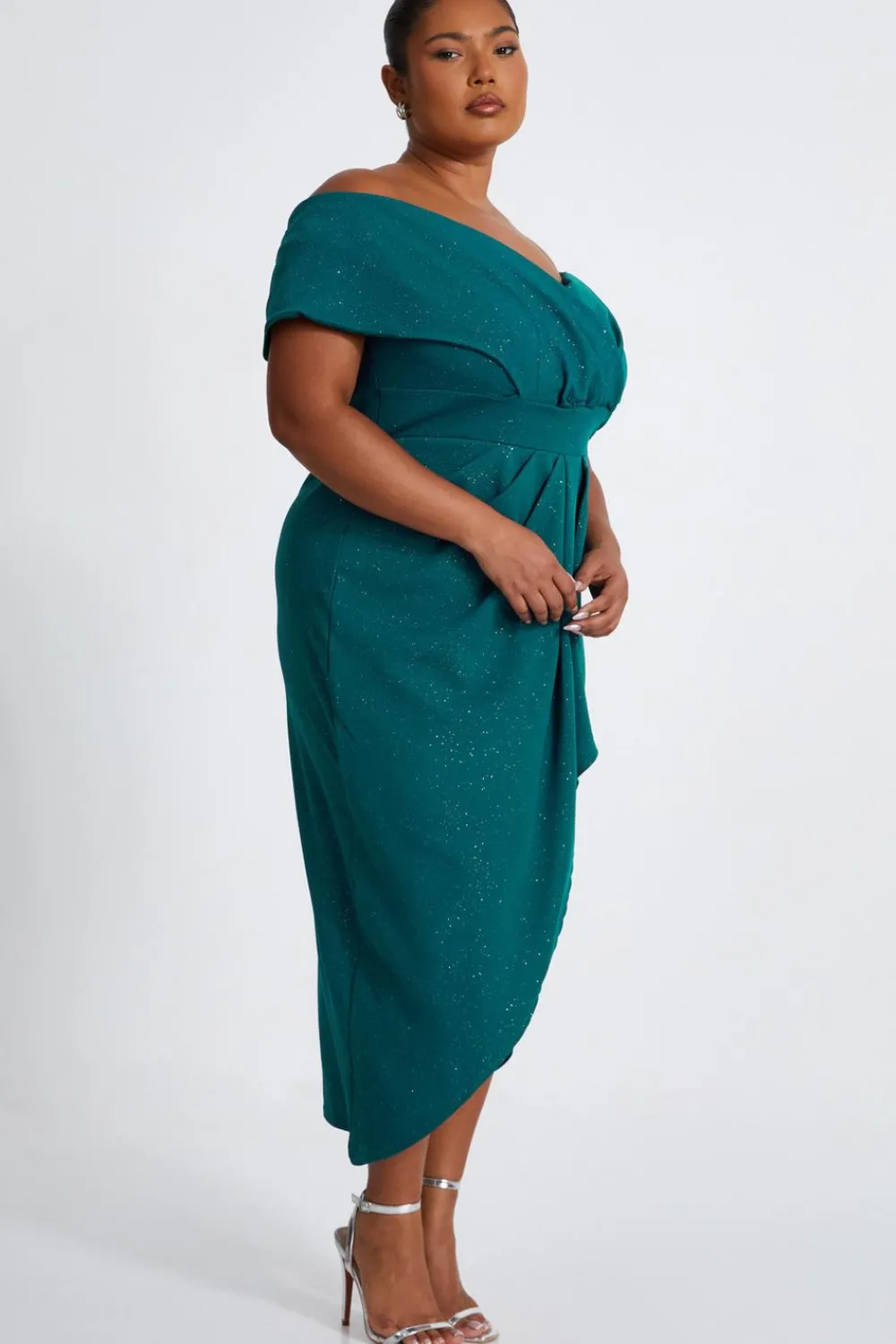 Quiz Evening Dresses|Wedding Guest Dresses>Curve Bottle Green Glitter Bardot Midi Dress