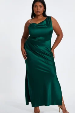 Quiz Summer Clothes|Wedding Guest Dresses>Curve Bottle Green Satin Ruched Midi Dress