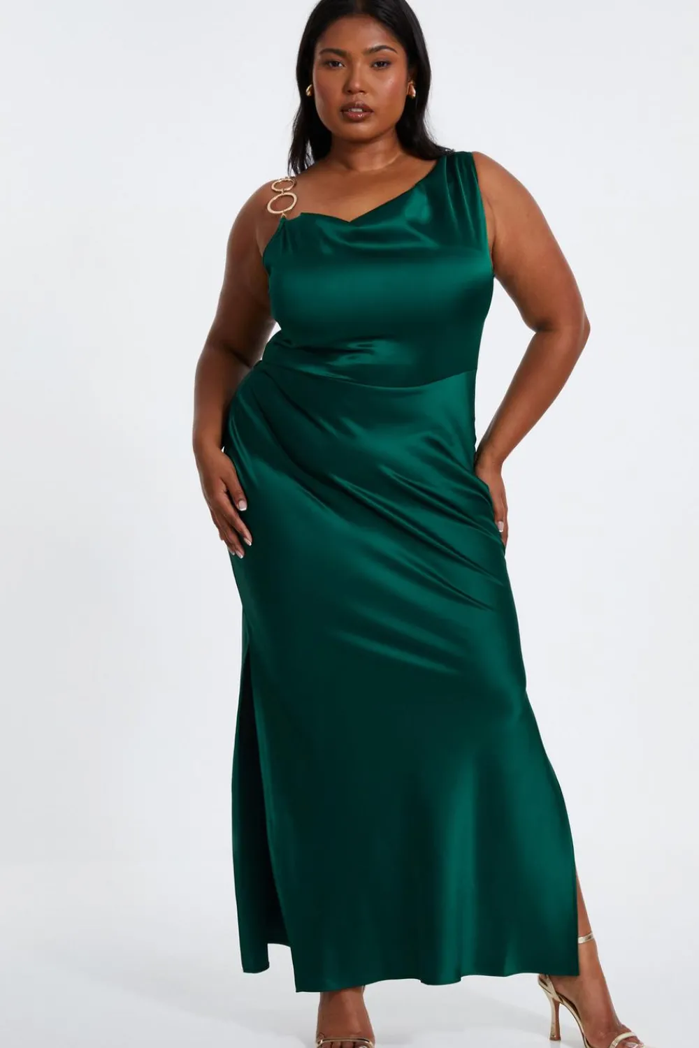 Quiz Summer Clothes|Wedding Guest Dresses>Curve Bottle Green Satin Ruched Midi Dress