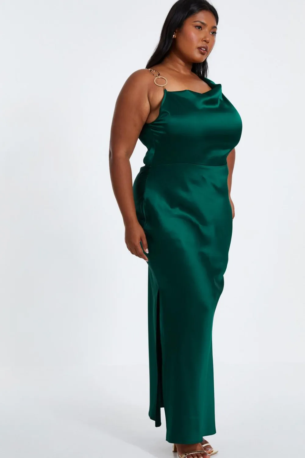 Quiz Summer Clothes|Wedding Guest Dresses>Curve Bottle Green Satin Ruched Midi Dress