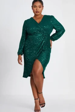 Quiz Wrap Dresses|Midi Dresses>Curve Bottle Green Sequin Midi Dress