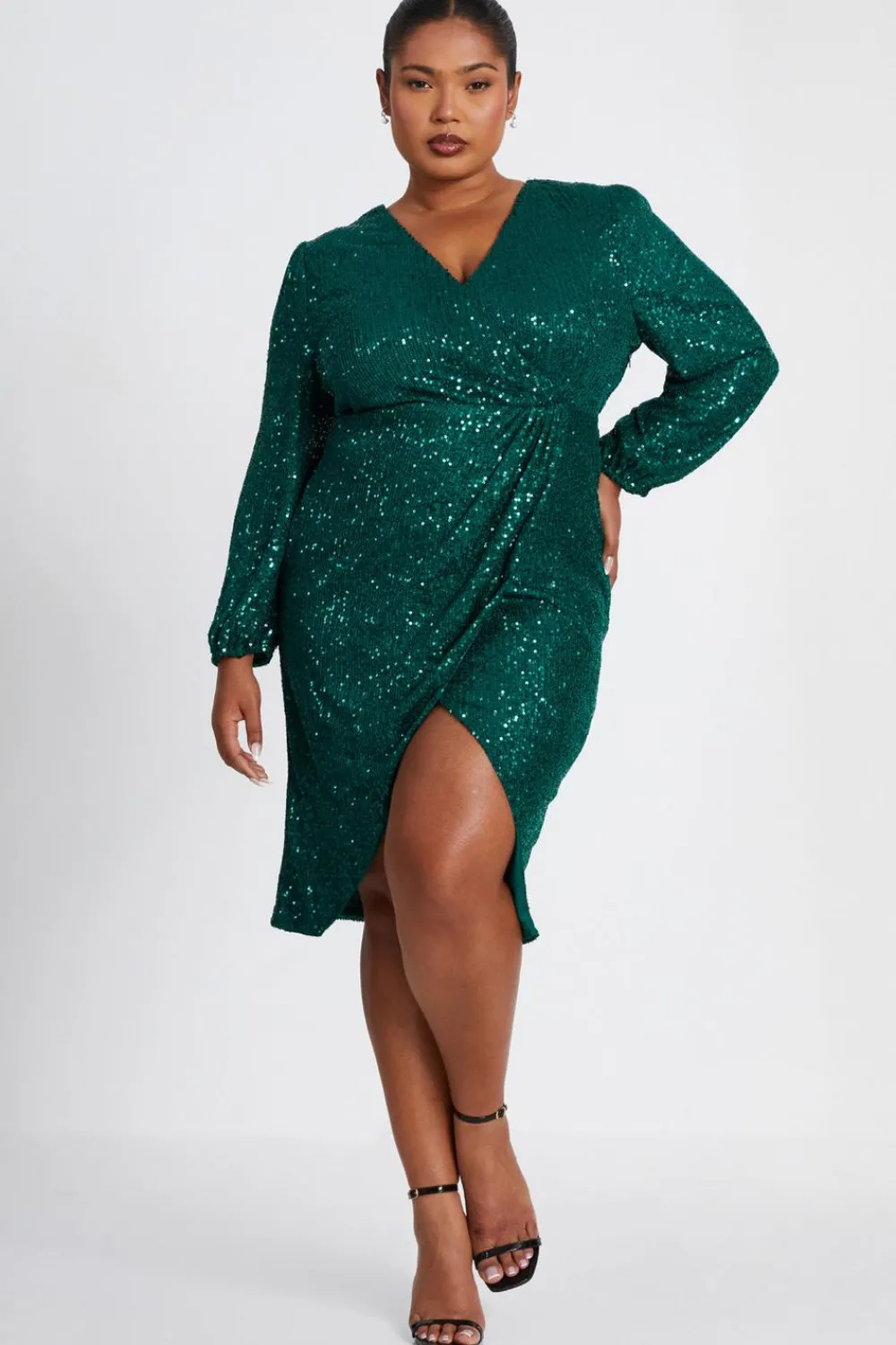 Quiz Wrap Dresses|Midi Dresses>Curve Bottle Green Sequin Midi Dress