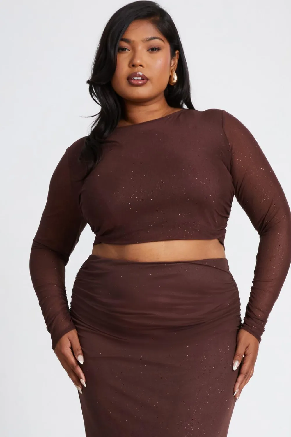 Quiz Going Out Tops|Crop Tops>Curve Glitter Mesh Long Sleeve Top