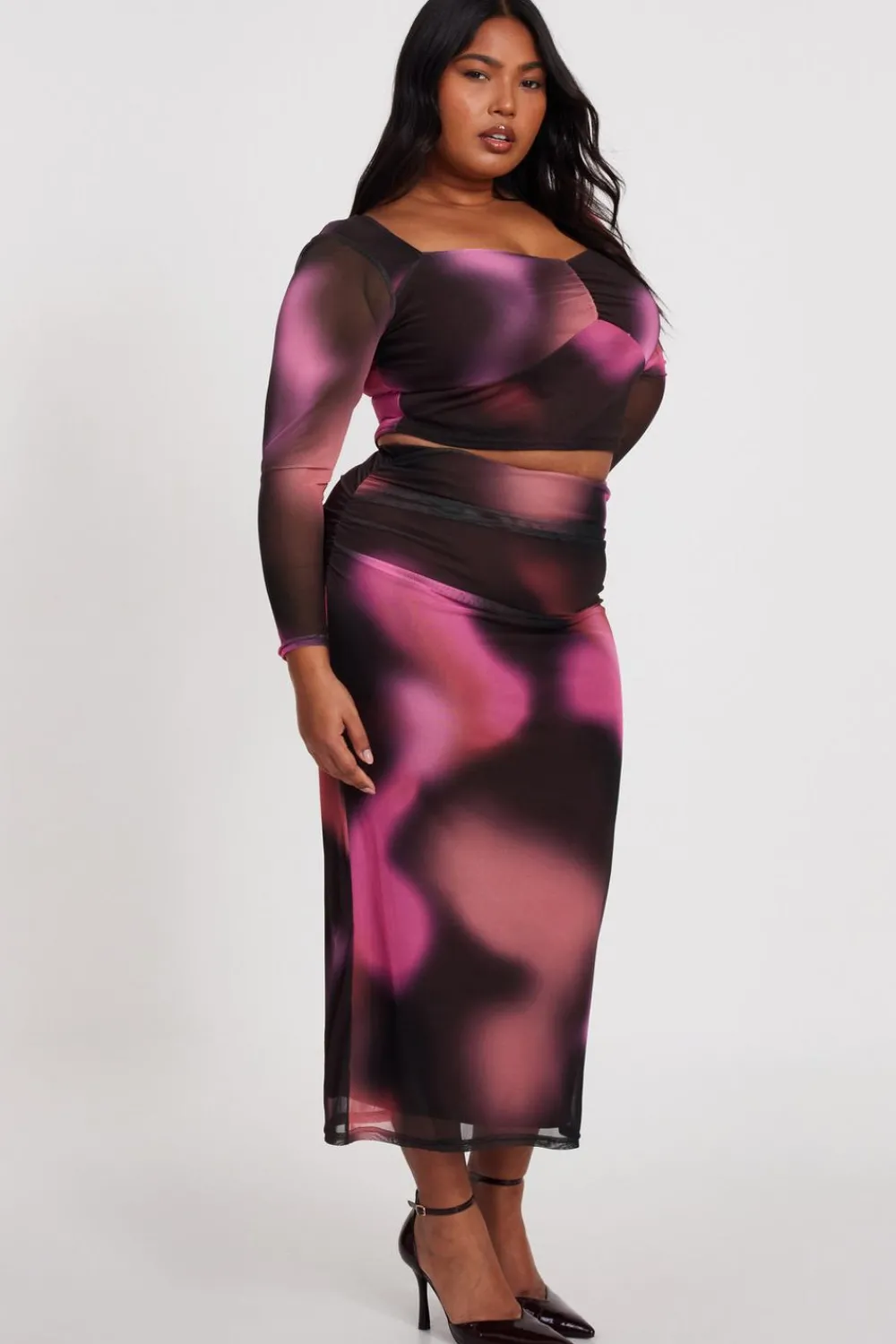 Quiz Going Out Tops|Crop Tops>Curve Brown Marble Print Crop Top