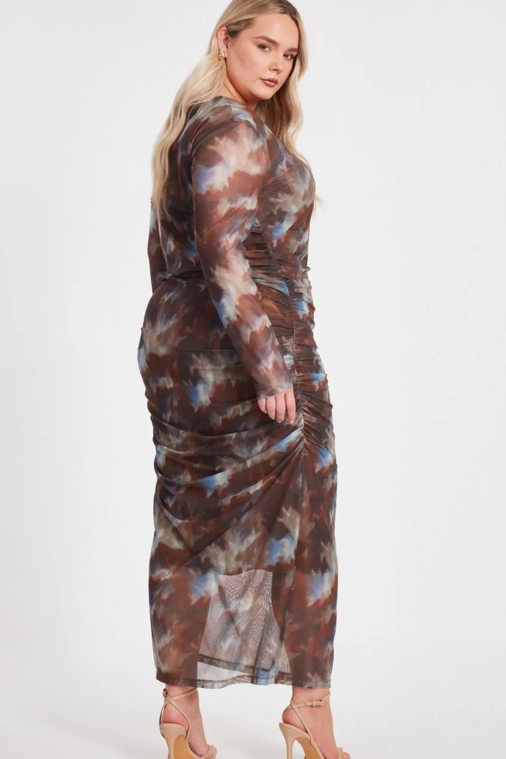 Quiz Going Out|Dresses>Curve Brown Mesh Printed Midaxi Dress