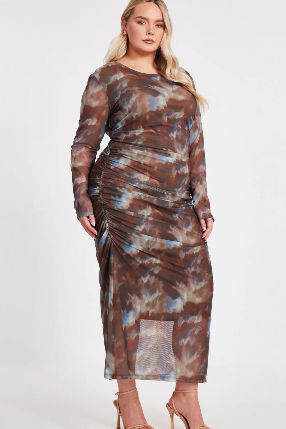 Quiz Going Out|Dresses>Curve Brown Mesh Printed Midaxi Dress