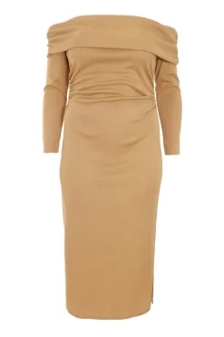 Quiz Midi Dresses|Day Dresses>Curve Camel Ribbed Bardot Bodycon Midi Dress