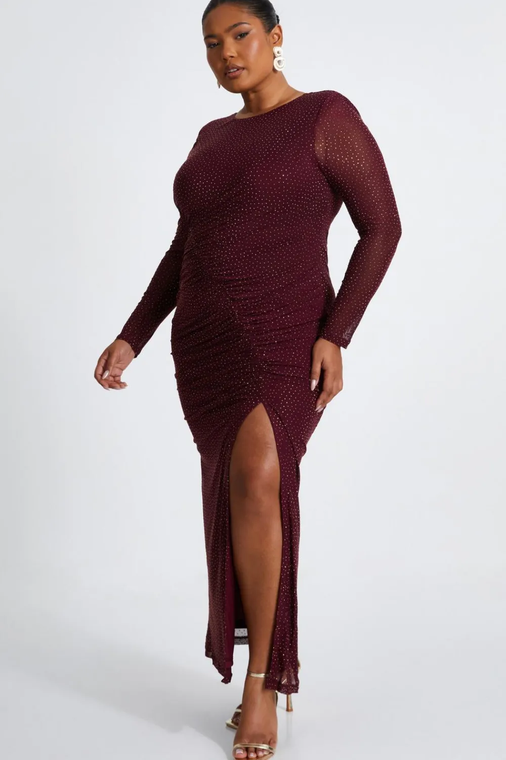 Quiz Evening Dresses|Trending: Red>Curve Dark Red Mesh Midaxi Dress
