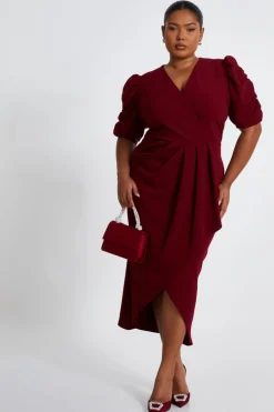 Quiz Evening Dresses|Trending: Red>Curve Dark Red Wrap Midi Dress