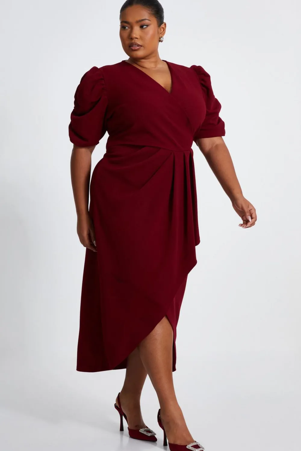 Quiz Evening Dresses|Trending: Red>Curve Dark Red Wrap Midi Dress