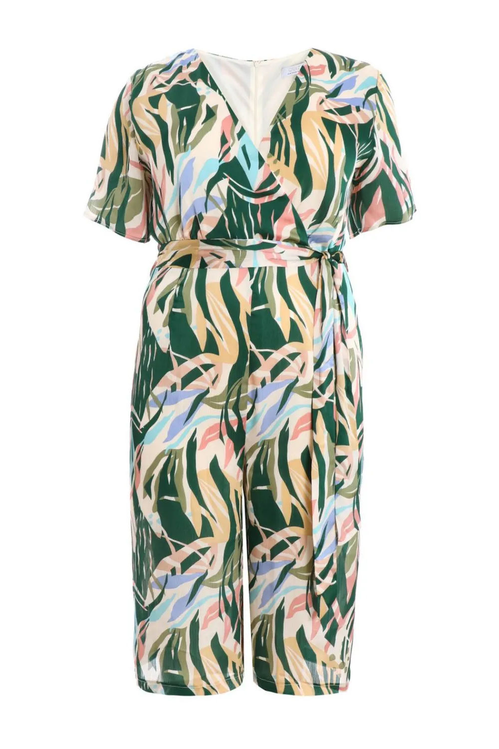Quiz Summer Jumpsuits|Summer Clothes>Curve Green Tropical Wrap Culotte Jumpsuit