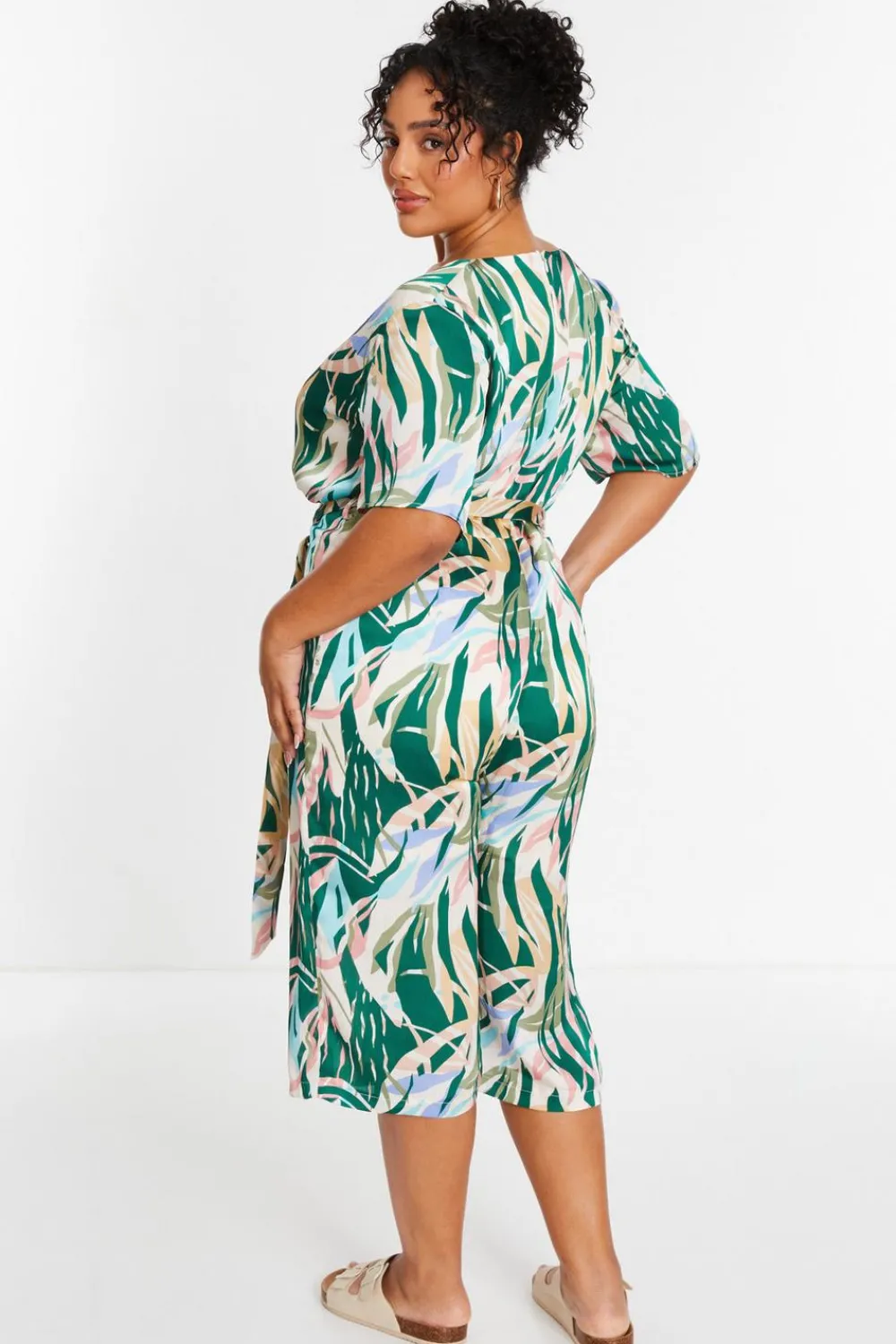 Quiz Summer Jumpsuits|Summer Clothes>Curve Green Tropical Wrap Culotte Jumpsuit
