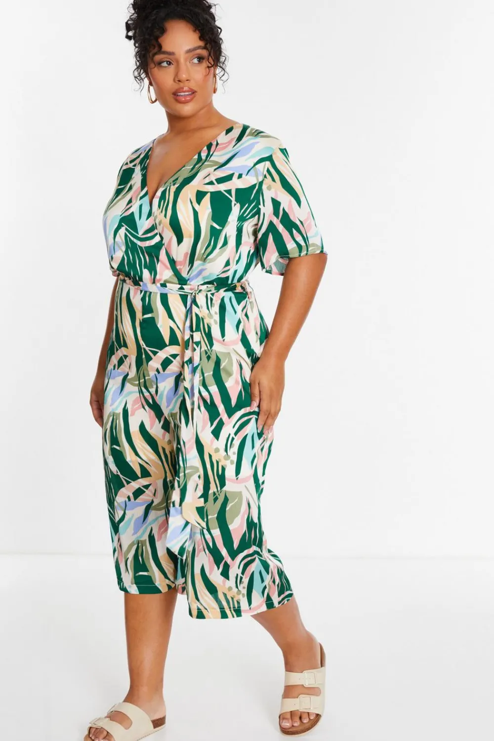 Quiz Summer Jumpsuits|Summer Clothes>Curve Green Tropical Wrap Culotte Jumpsuit