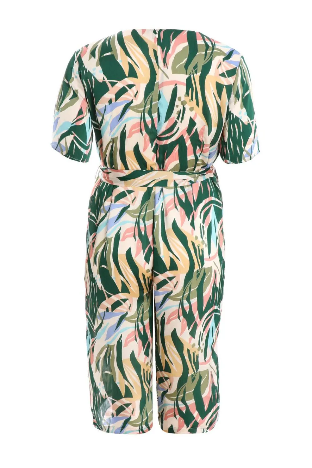 Quiz Summer Jumpsuits|Summer Clothes>Curve Green Tropical Wrap Culotte Jumpsuit