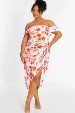 Quiz Evening Dresses|Summer Clothes>Curve Ivory Floral Bardot Ruched Midi Dress