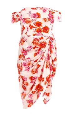 Quiz Evening Dresses|Summer Clothes>Curve Ivory Floral Bardot Ruched Midi Dress